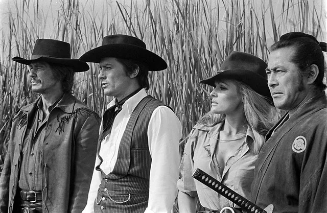 Charles Bronson, Alain Delon, Ursula Andress and Toshiro Mifune in "Red Sun"