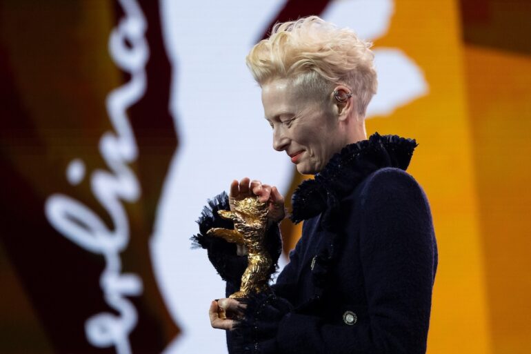 Tilda Swinton receiving the Honorary Golden Bear