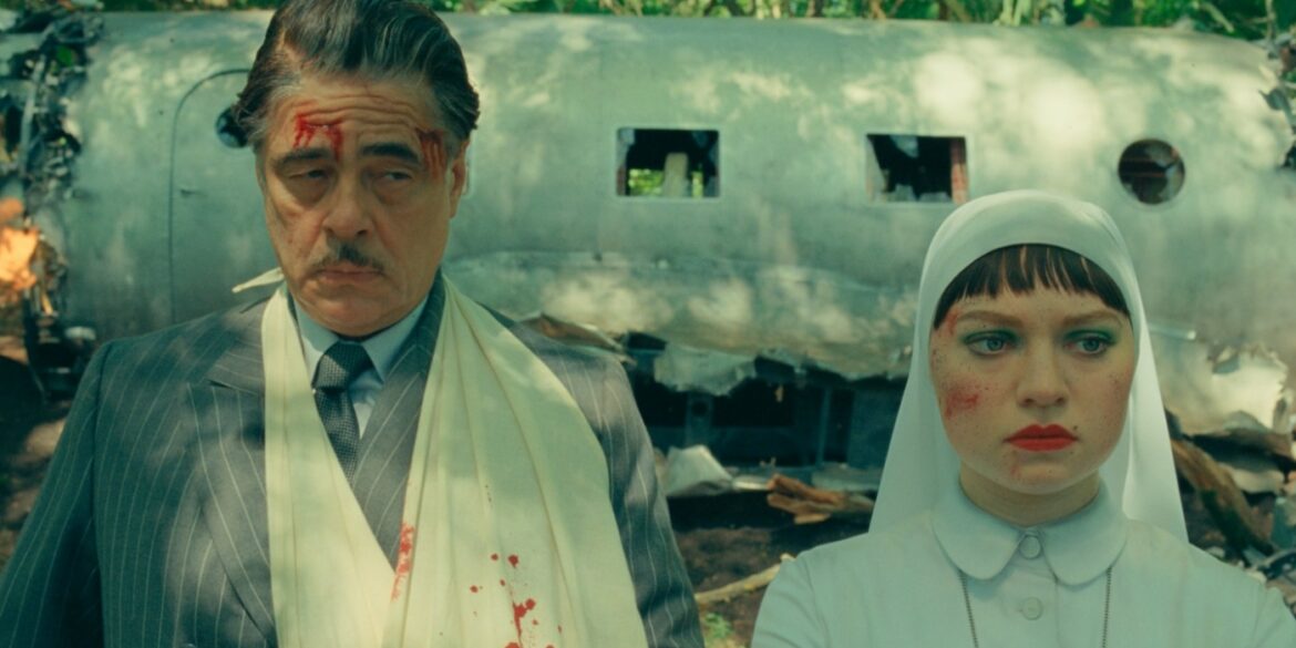 Benicio Del Toro as Zsa-Zsa Korda and Mia Threapleton as Liesl in director Wes Anderson's THE PHOENICIAN SCHEME