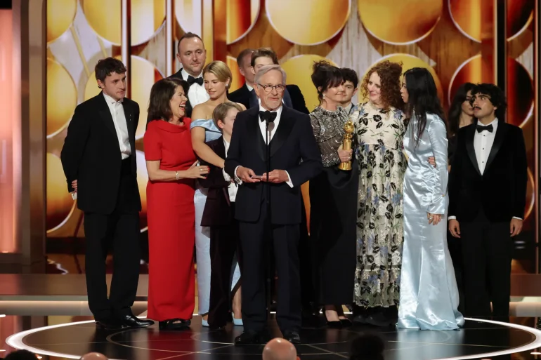 Paul Mescal, Pippa Harris, Nic Gonda, Jessie Buckley, Steven Spielberg, Liza Marshall, Maggie O’Farrell, Chloé Zhao at the 83rd Annual Golden Globes held at The Beverly Hilton on January 11, 2026 in Beverly Hills, California.
