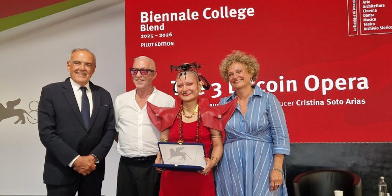 Biennale College Blend, Savina Neirotti, Head of Programme, Claudix Vanesix, director of winning project "The 3 Bitcoin Opera"